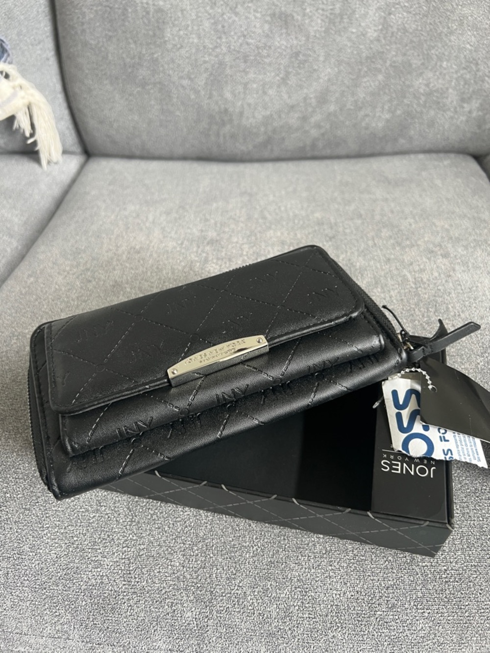 Jones New York Black Quilted Leather Wallet with Logo Plate